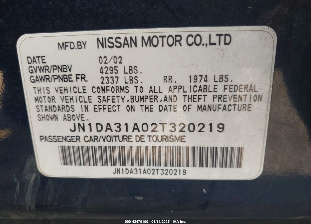 2002 NISSAN MAXIMA GLE VIN: JN1DA31A02T320219