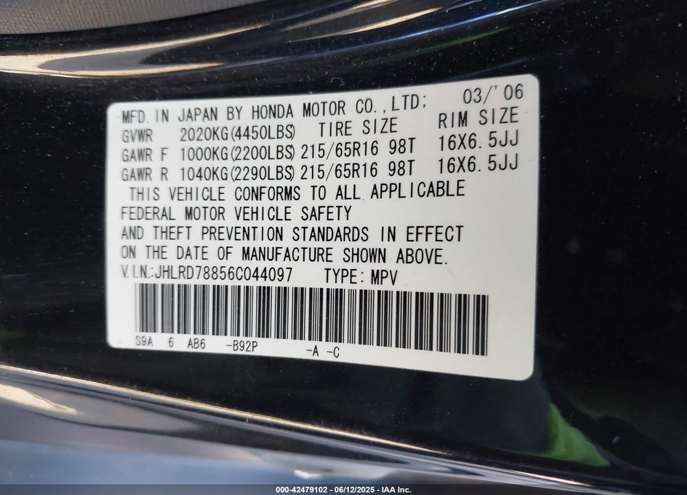 2006 HONDA CR-V VIN: JHLRD78856C044097