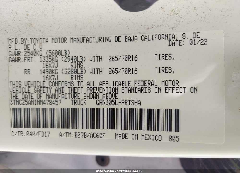 2022 TOYOTA TACOMA VIN: 3TMCZ5AN1NM478457