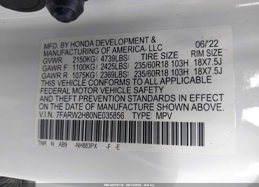2022 HONDA CR-V VIN: 7FARW2H80NE035856