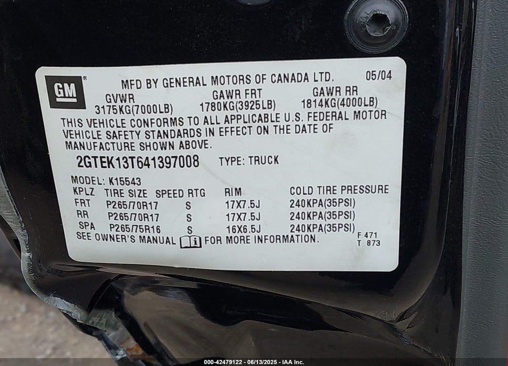 2004 GMC SIERRA 1500 VIN: 2GTEK13T641397008