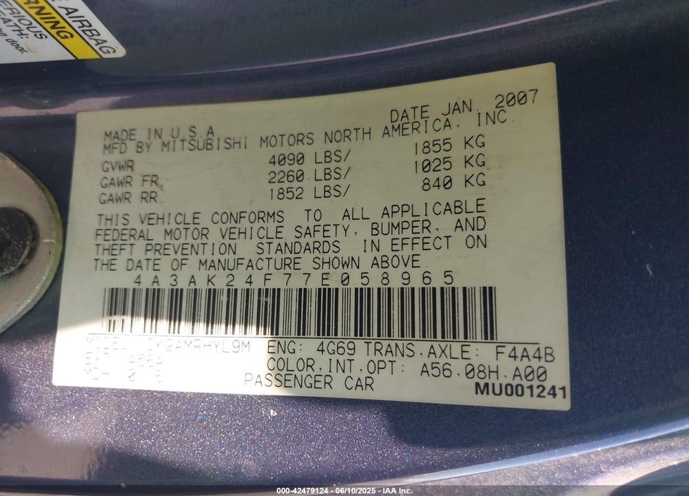 2007 MITSUBISHI ECLIPSE VIN: 4A3AK24F77E058965