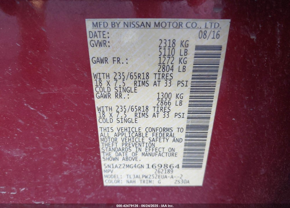 2016 NISSAN MURANO VIN: 5N1AZ2MG4GN169864