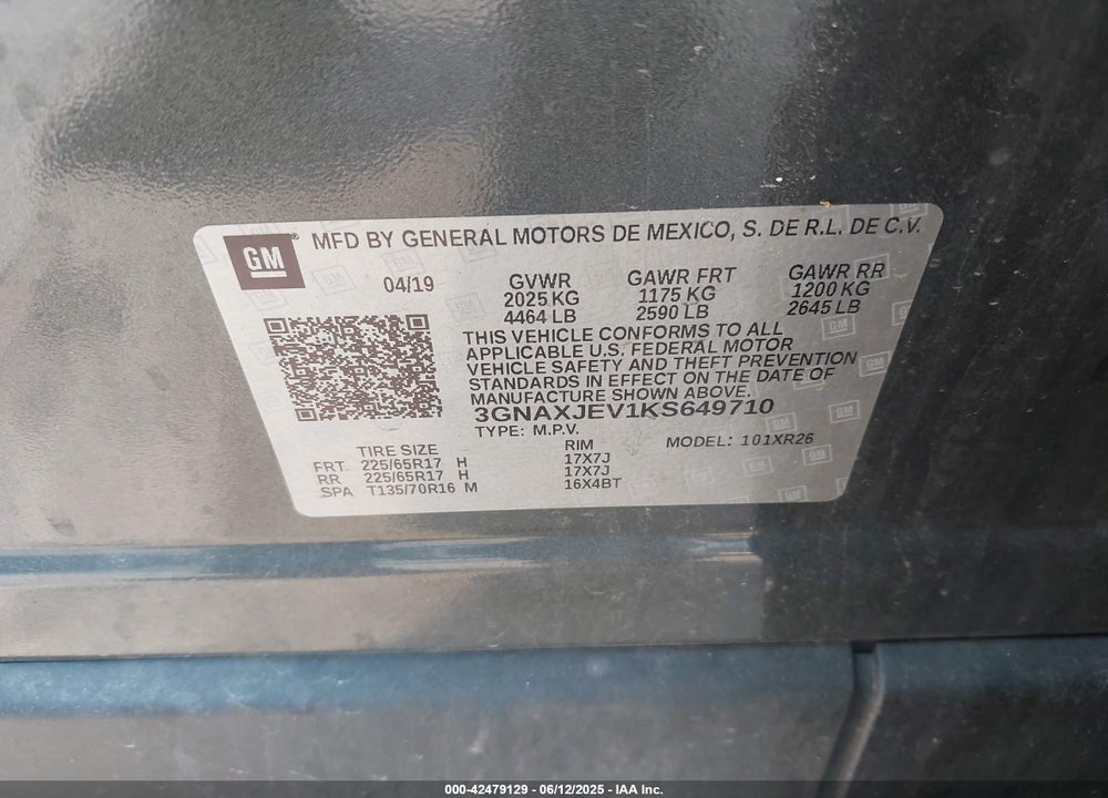 2019 CHEVROLET EQUINOX VIN: 3GNAXJEV1KS649710