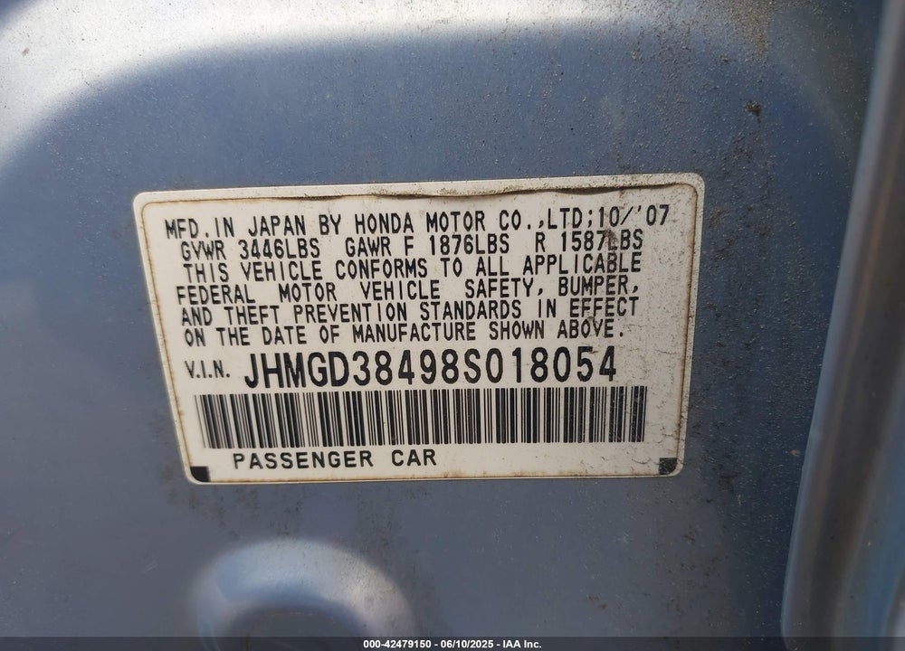 2008 HONDA FIT VIN: JHMGD38498S018054