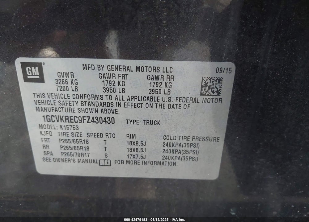2015 CHEVROLET SILVERADO 1500 VIN: 1GCVKREC9FZ430430