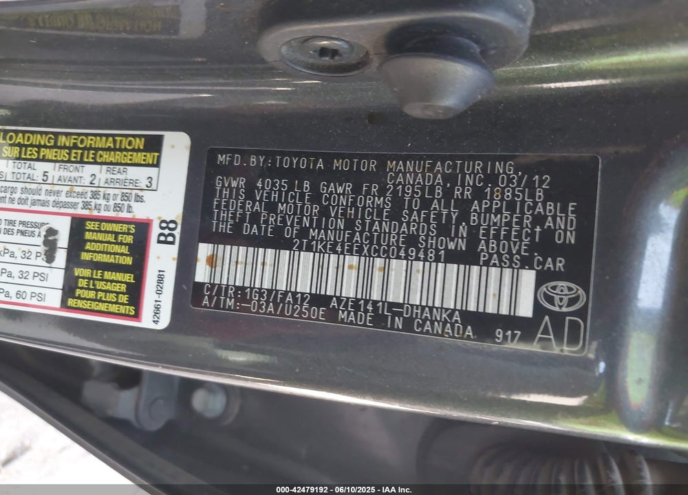 2012 TOYOTA MATRIX VIN: 2T1KE4EEXCC049481