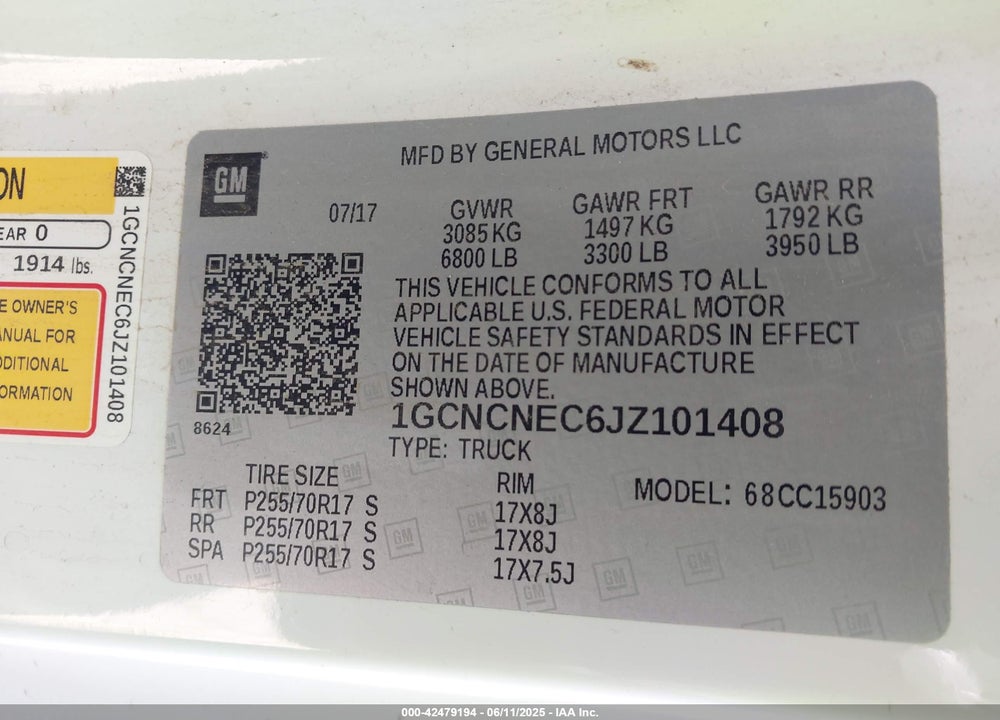 2018 CHEVROLET SILVERADO 1500 VIN: 1GCNCNEC6JZ101408