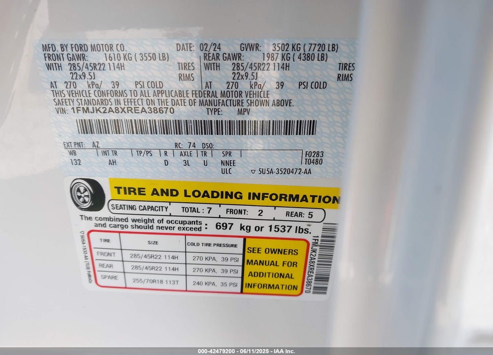 2024 FORD EXPEDITION VIN: 1FMJK2A8XREA38670