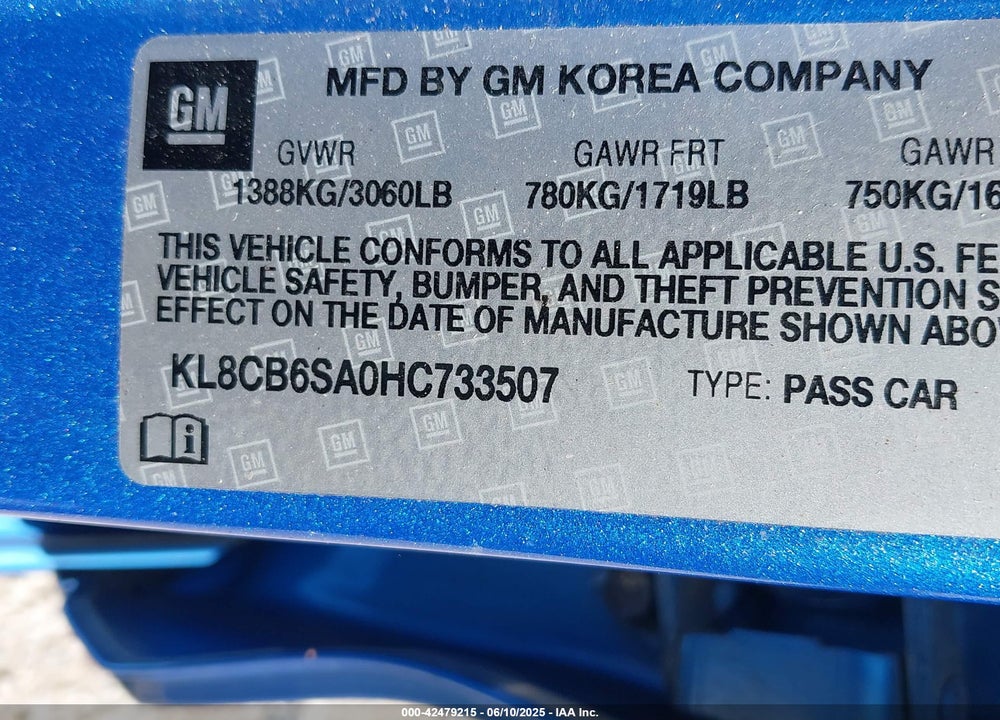 2017 CHEVROLET SPARK VIN: KL8CB6SA0HC733507