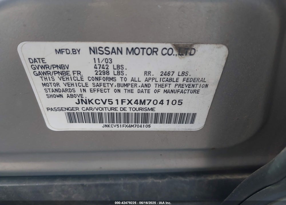 2004 INFINITI G35X VIN: JNKCV51FX4M704105