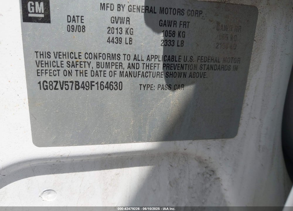 2009 SATURN AURA XR VIN: 1G8ZV57B49F164630
