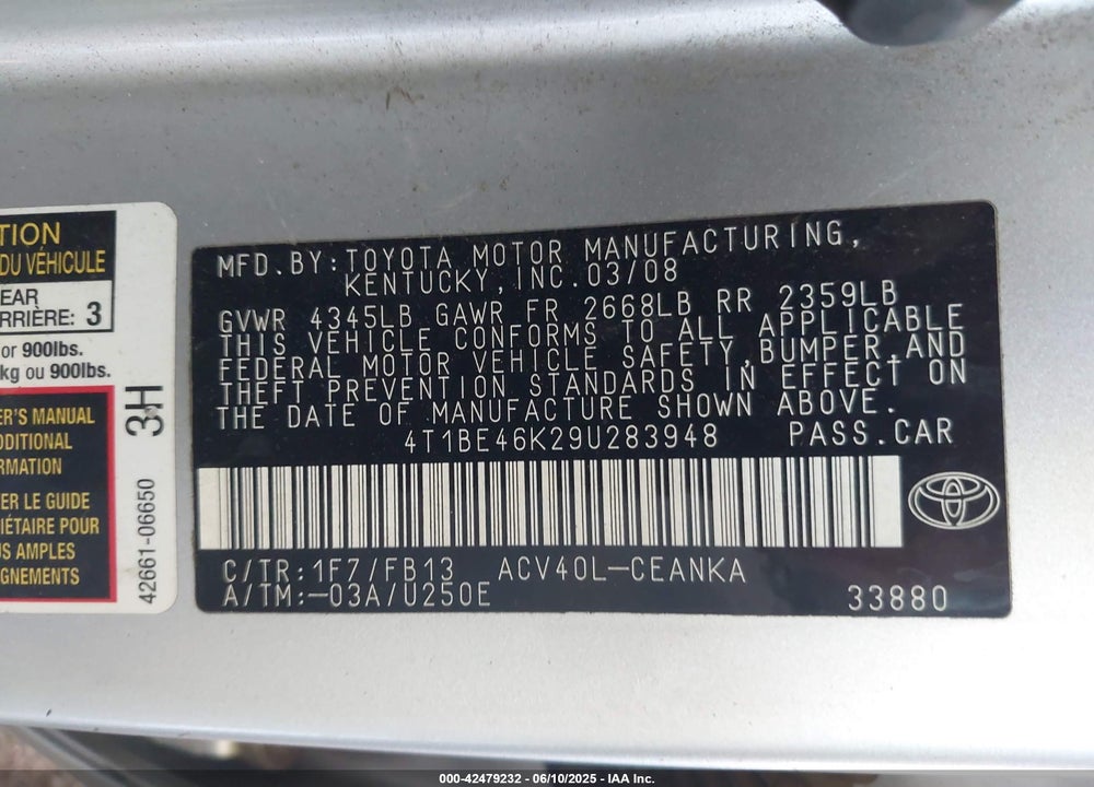 2009 TOYOTA CAMRY VIN: 4T1BE46K29U283948