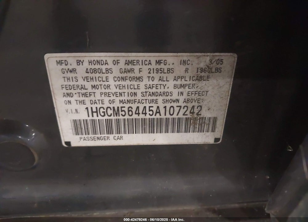2005 HONDA ACCORD 2.4 LX VIN: 1HGCM56445A107242