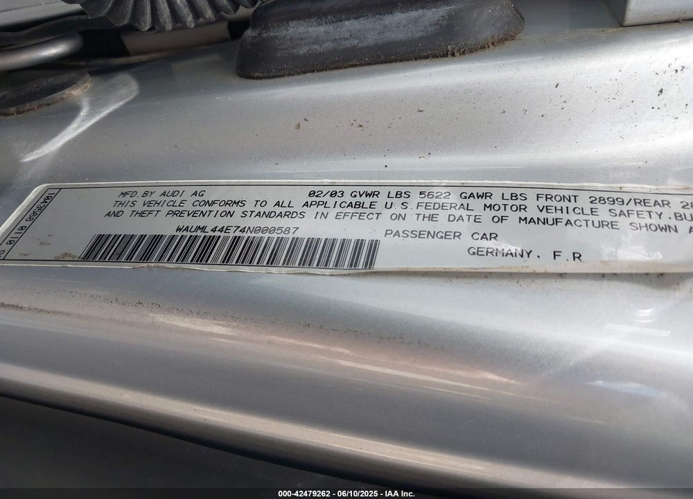 2004 AUDI A8 L 4.2 VIN: WAUML44E74N000587