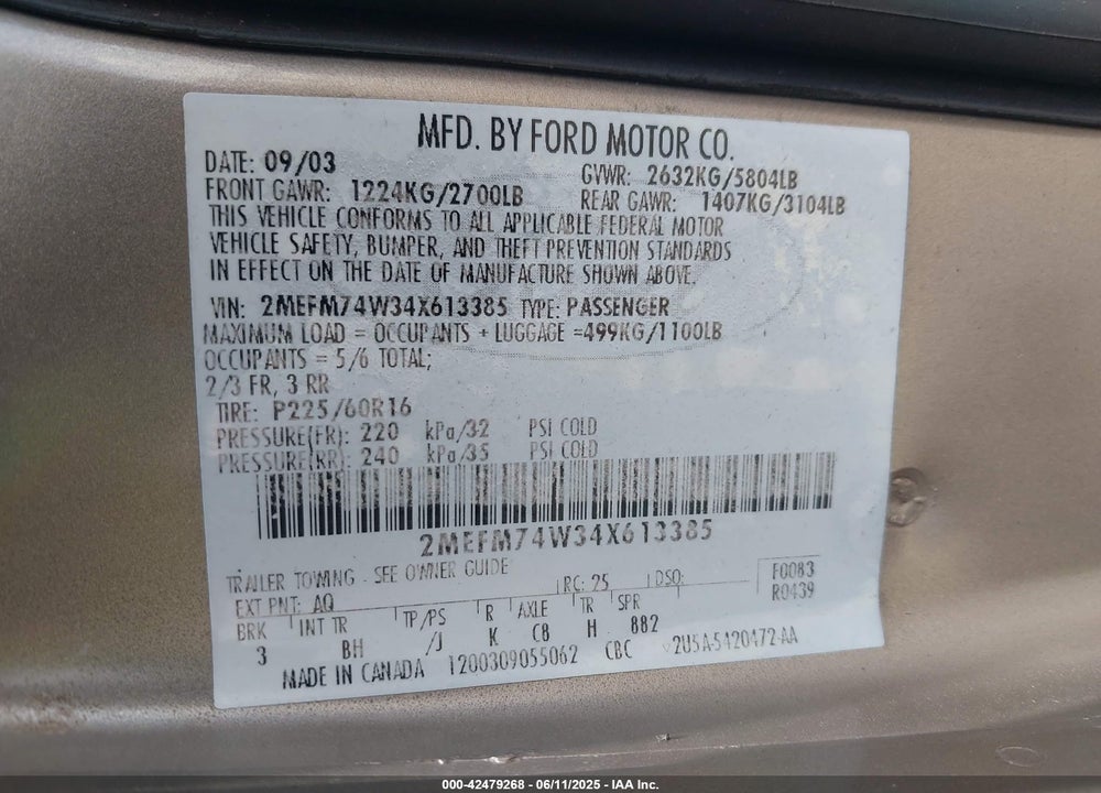 2004 MERCURY GRAND MARQUIS GS VIN: 2MEFM74W34X613385