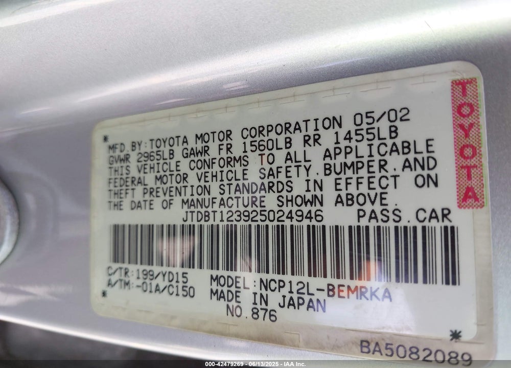 2002 TOYOTA ECHO VIN: JTDBT123925024946