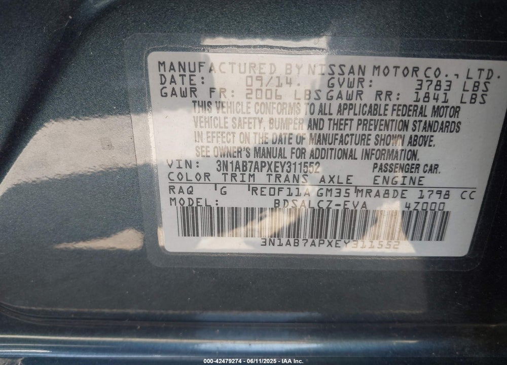 2014 NISSAN SENTRA VIN: 3N1AB7APXEY311552