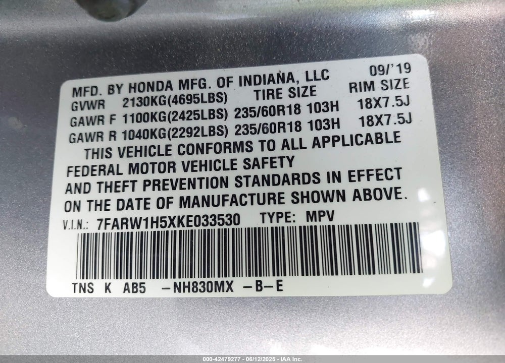 2019 HONDA CR-V EX VIN: 7FARW1H5XKE033530