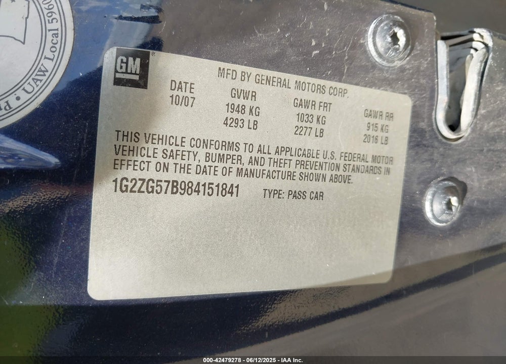 2008 PONTIAC G6 VIN: 1G2ZG57B984151841