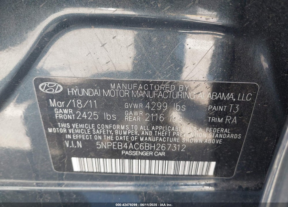 2011 HYUNDAI SONATA GLS VIN: 5NPEB4AC6BH267312