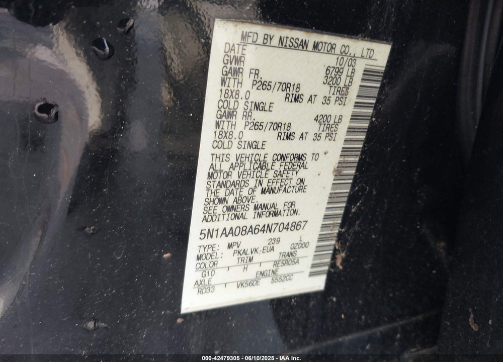 2004 NISSAN PATHFINDER ARMADA LE VIN: 5N1AA08A64N704867