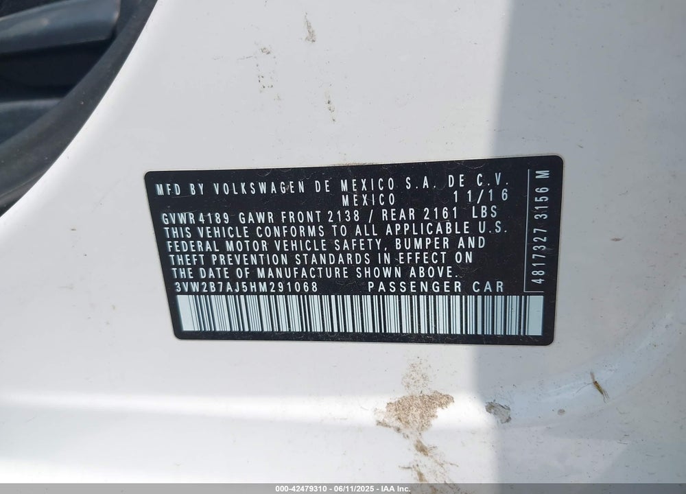 2017 VOLKSWAGEN JETTA VIN: 3VW2B7AJ5HM291068