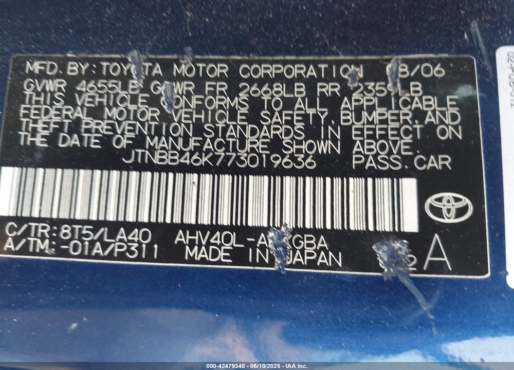 2007 TOYOTA CAMRY HYBRID VIN: JTNBB46K773019636