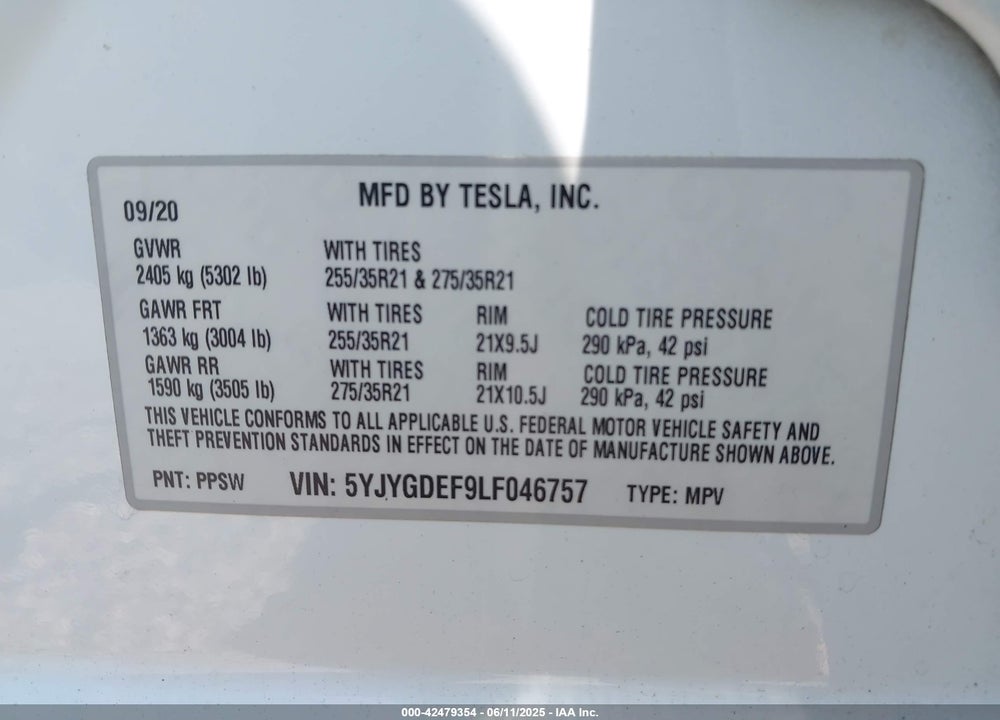 2020 TESLA MODEL Y VIN: 5YJYGDEF9LF046757
