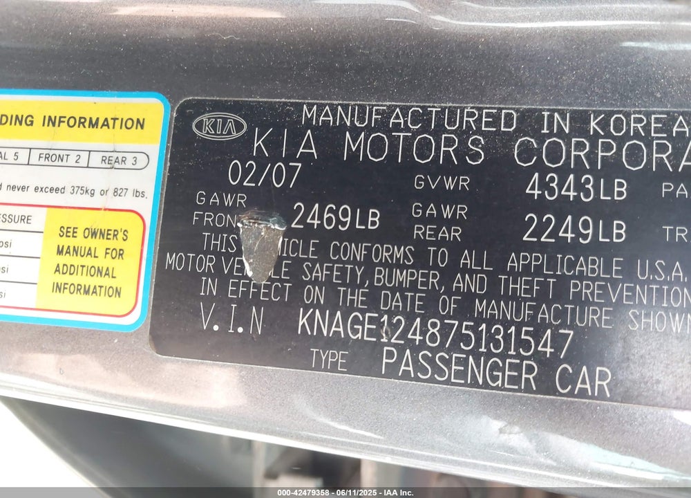 2007 KIA OPTIMA EX V6 VIN: KNAGE124875131547