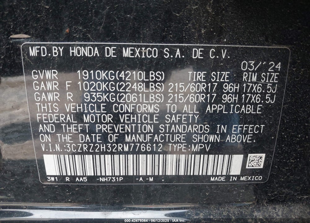 2024 HONDA HR-V VIN: 3CZRZ2H32RM776612