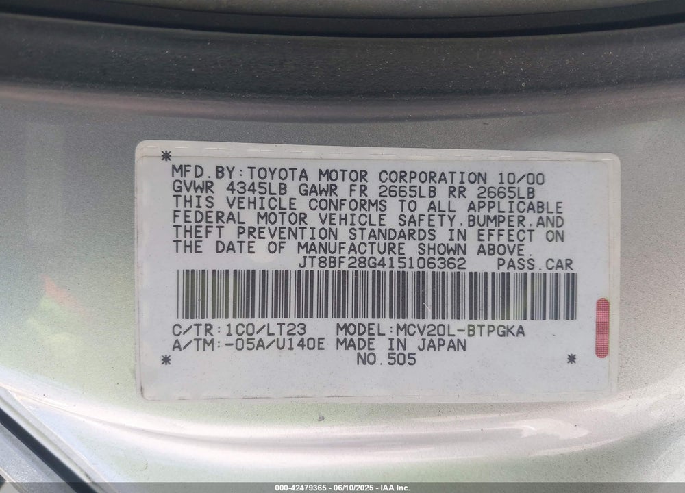 2001 LEXUS ES 300 VIN: JT8BF28G415106362