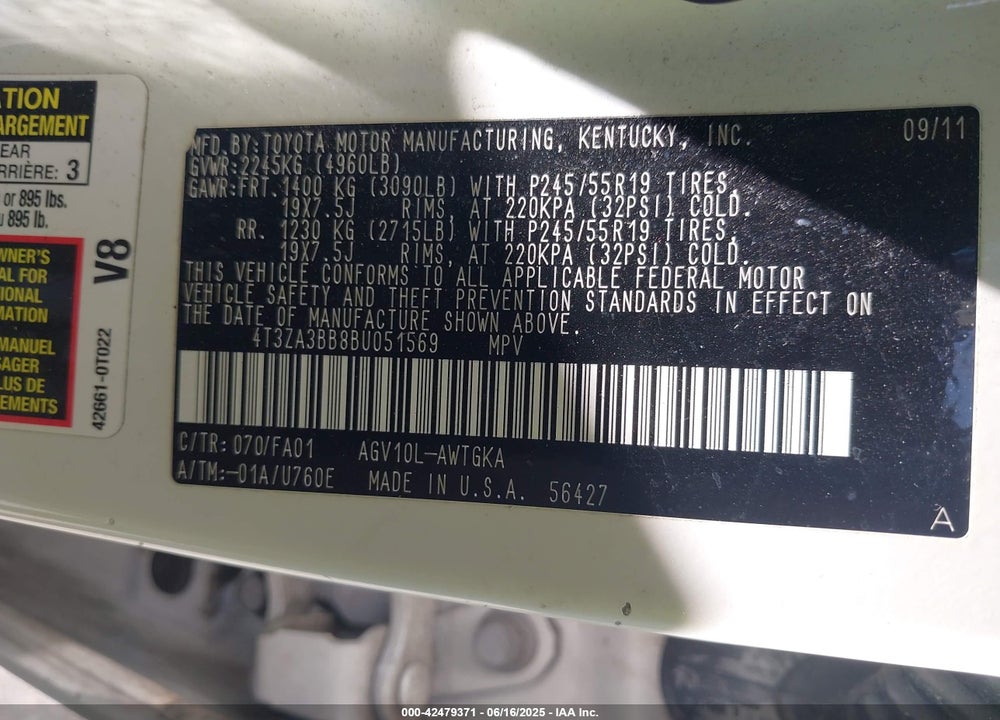 2011 TOYOTA VENZA VIN: 4T3ZA3BB8BU051569