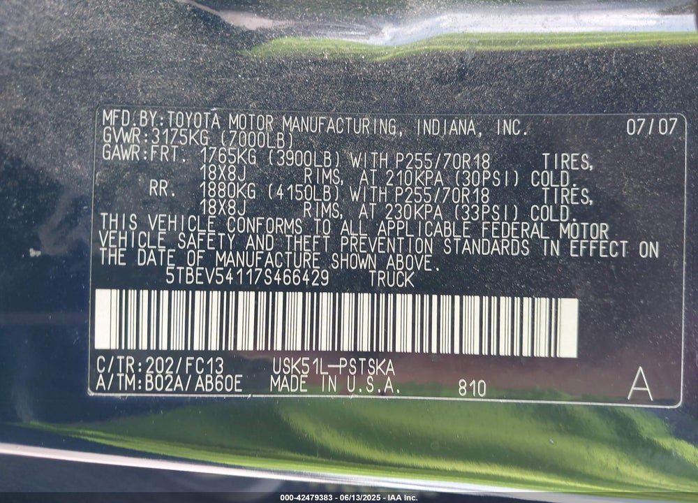2007 TOYOTA TUNDRA SR5 5.7L V8 VIN: 5TBEV54117S466429