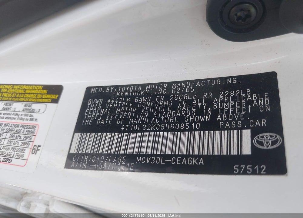 2005 TOYOTA CAMRY XLE V6 VIN: 4T1BF32K05U608510