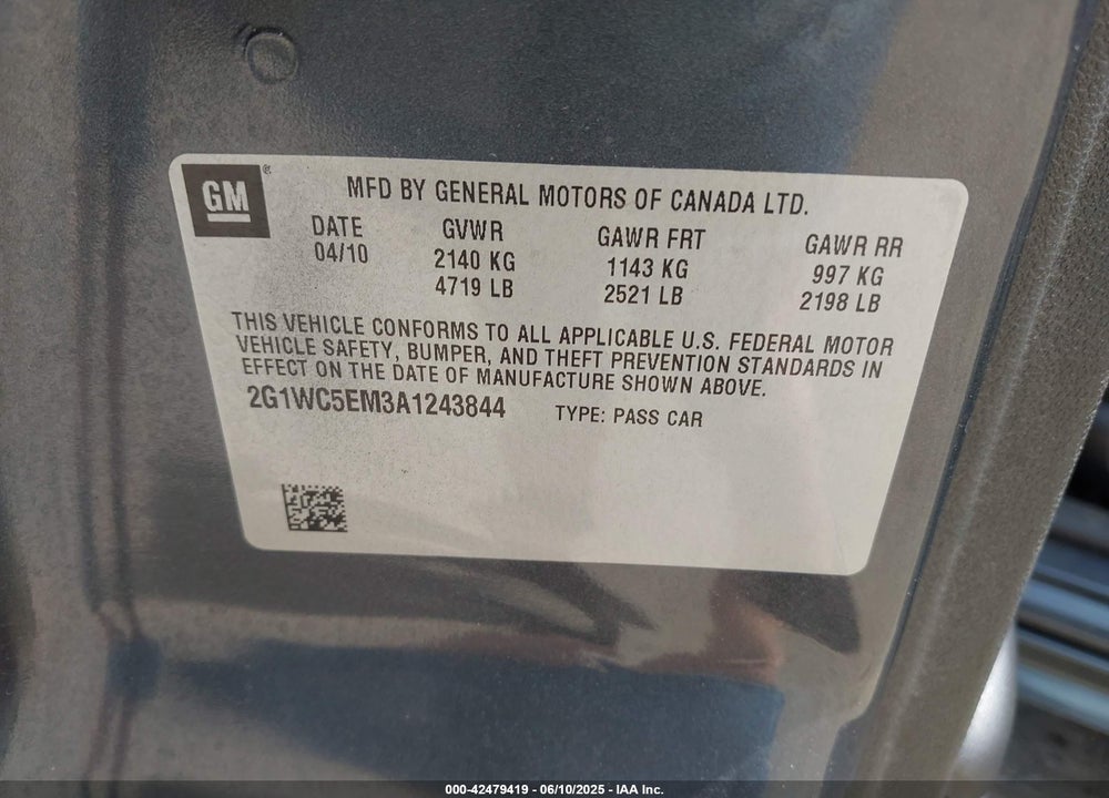 2010 CHEVROLET IMPALA VIN: 2G1WC5EM3A1243844