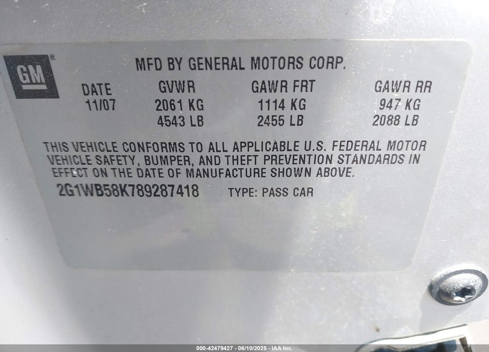 2008 CHEVROLET IMPALA LS VIN: 2G1WB58K789287418