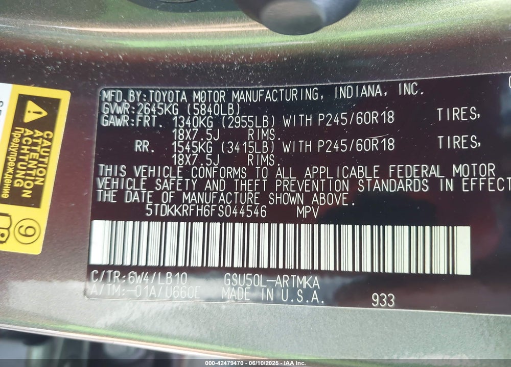 2015 TOYOTA HIGHLANDER XLE V6 VIN: 5TDKKRFH6FS044546