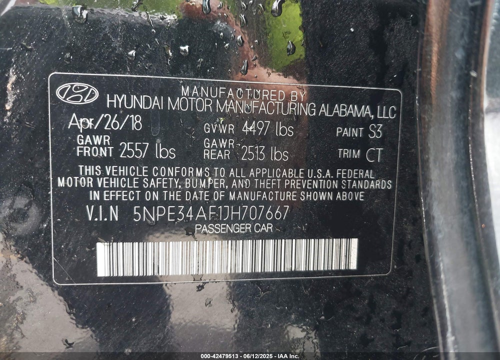2018 HYUNDAI SONATA SPORT VIN: 5NPE34AF1JH707667