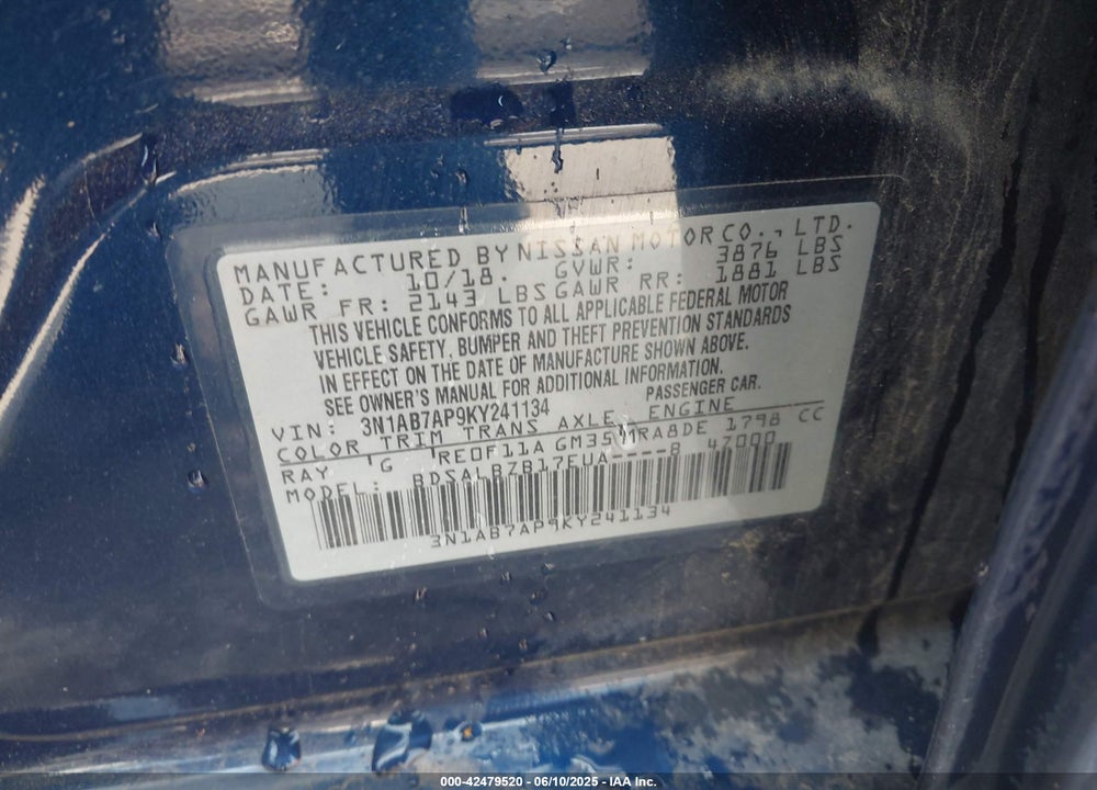 2019 NISSAN SENTRA S VIN: 3N1AB7AP9KY241134