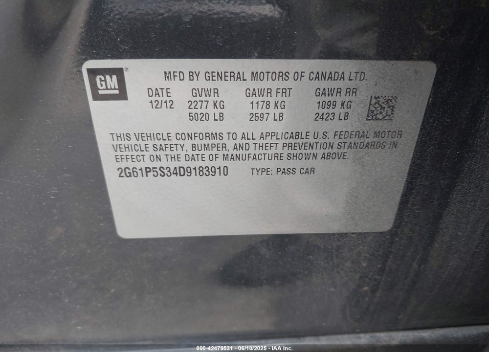 2013 CADILLAC XTS VIN: 2G61P5S34D9183910