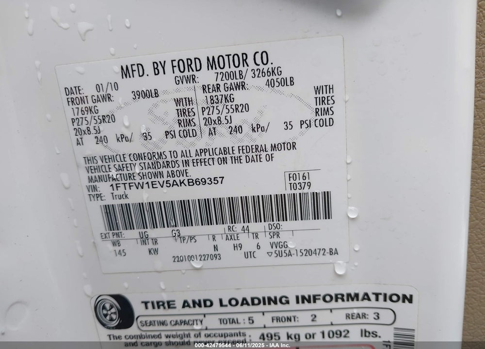2010 FORD F-150 FX4/HARLEY-DAVIDSON/KING RANCH/LARIAT/PLATINUM/XL/XLT VIN: 1FTFW1EV5AKB69357