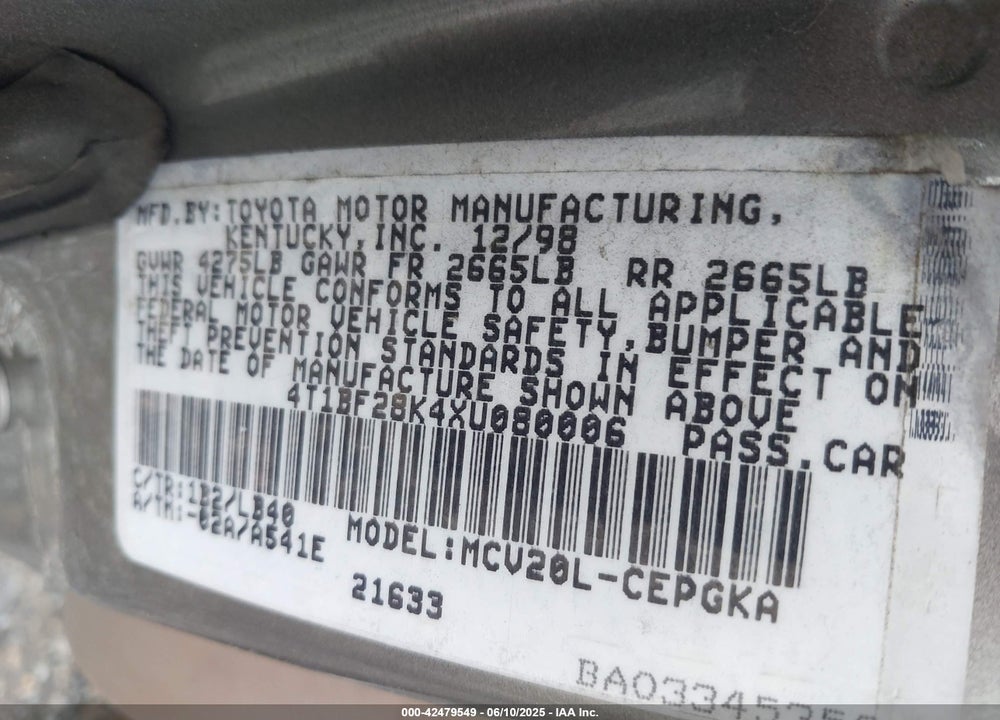 1999 TOYOTA CAMRY XLE V6 VIN: 4T1BF28K4XU080006