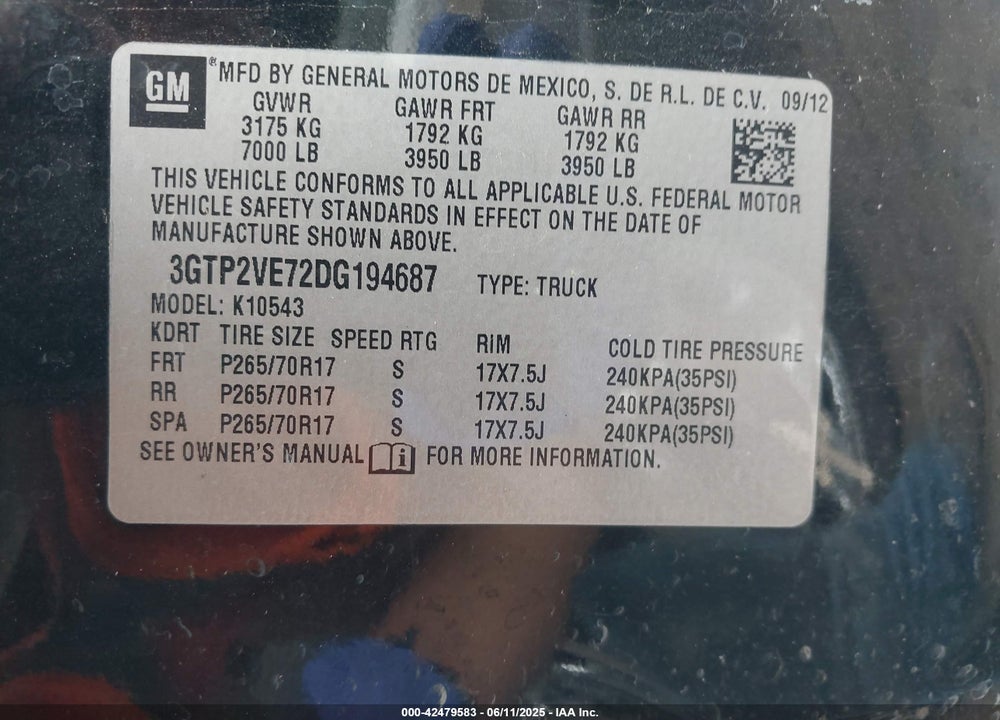 2013 GMC SIERRA 1500 SLE VIN: 3GTP2VE72DG194687