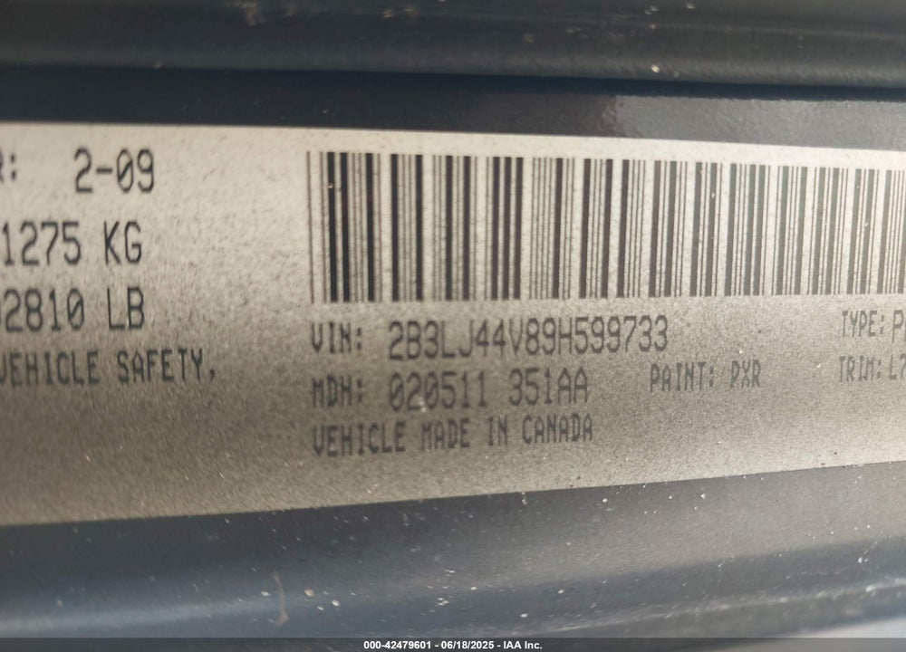 2009 DODGE CHALLENGER VIN: 2B3LJ44V89H599733