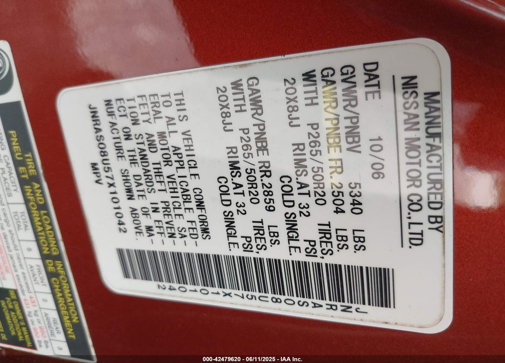 2007 INFINITI FX35 VIN: JNRAS08U57X101042