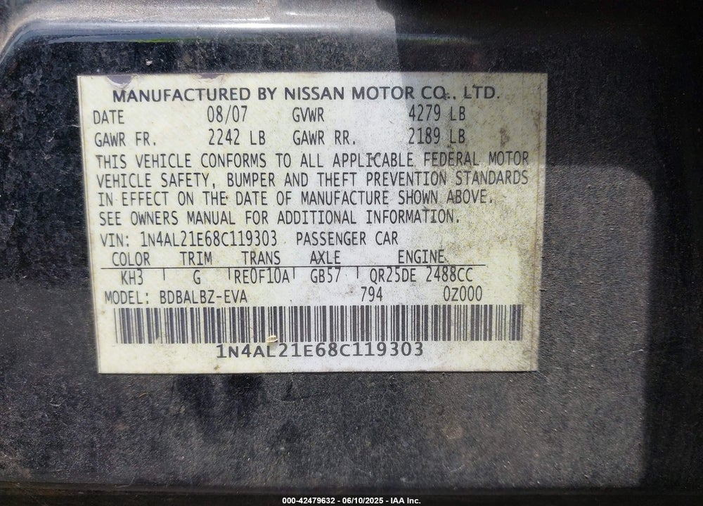 2008 NISSAN ALTIMA VIN: 1N4AL21E68C119303