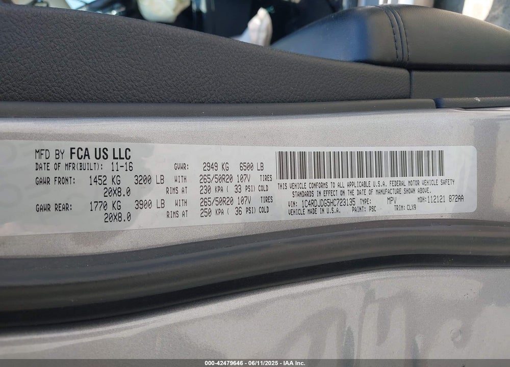 2017 DODGE DURANGO VIN: 1C4RDJDG5HC723135
