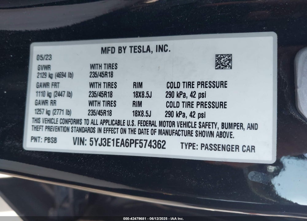 2023 TESLA MODEL 3 REAR-WHEEL DRIVE VIN: 5YJ3E1EA6PF574362