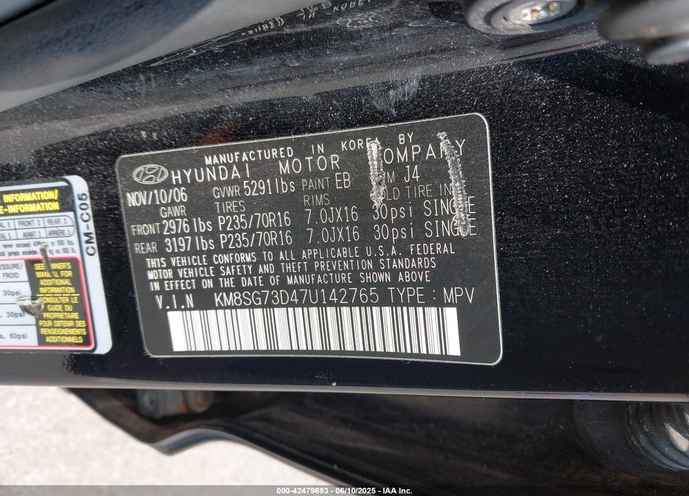 2007 HYUNDAI SANTA FE VIN: KM8SG73D47U142765